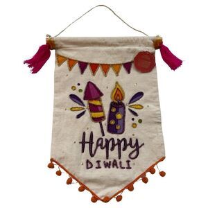 Happy Diwali Colorful Sequin Beaded Tassel Orange Pom Fringed Cotton Banner NWT